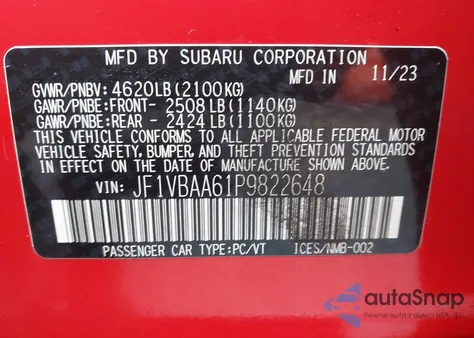 2023 Subaru Wrx из США, поврежденный, VIN JF1VBAA61P9822648